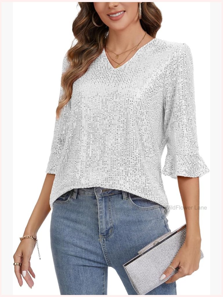 Sparkly Sequin Tops V Neck Ruffle 3/4 Sleeve Glitter Blouse Party Disco Shimmer